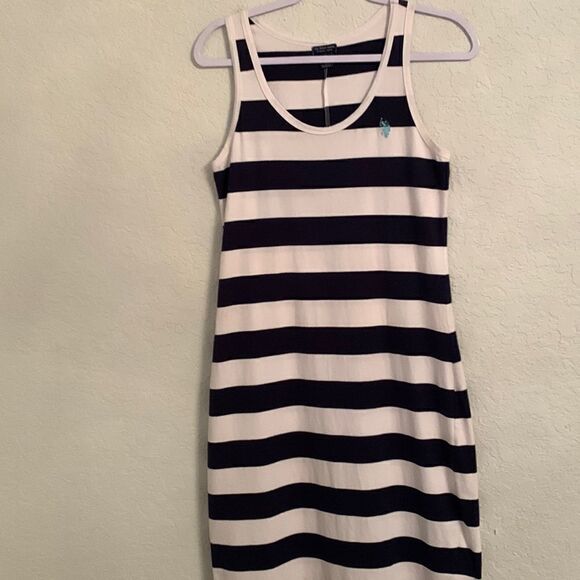 U.S.Polo Assn Blue White Striped Sleeveless Maxi Dress Size L - Picture 1 of 9